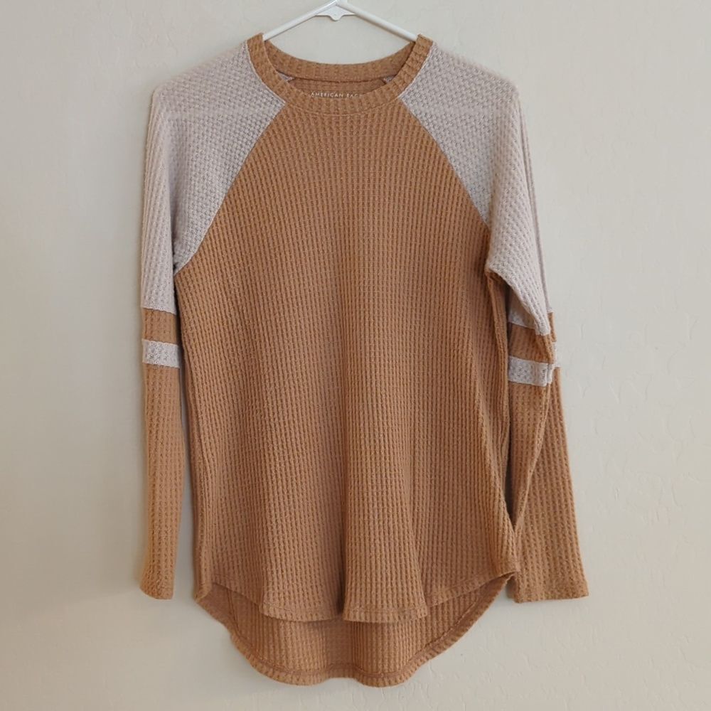 American Eagle Mustard White Waffle Knit Baseball Raglan Long Sleeve Shirt - XS